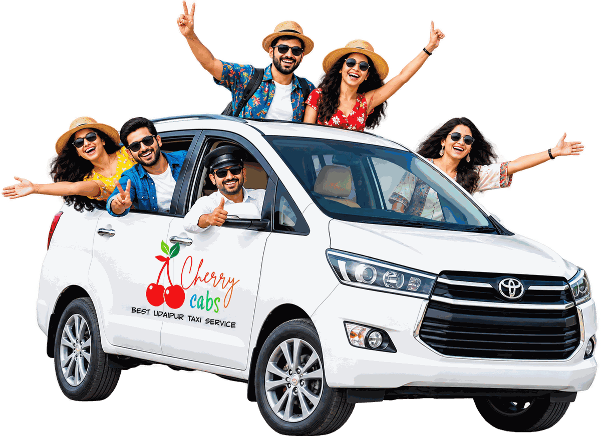 Happy travellers in a Cherry Cabs taxi in Udaipur